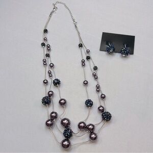 Lustrous Multi Strand Beaded Pave Necklace and Earring Set